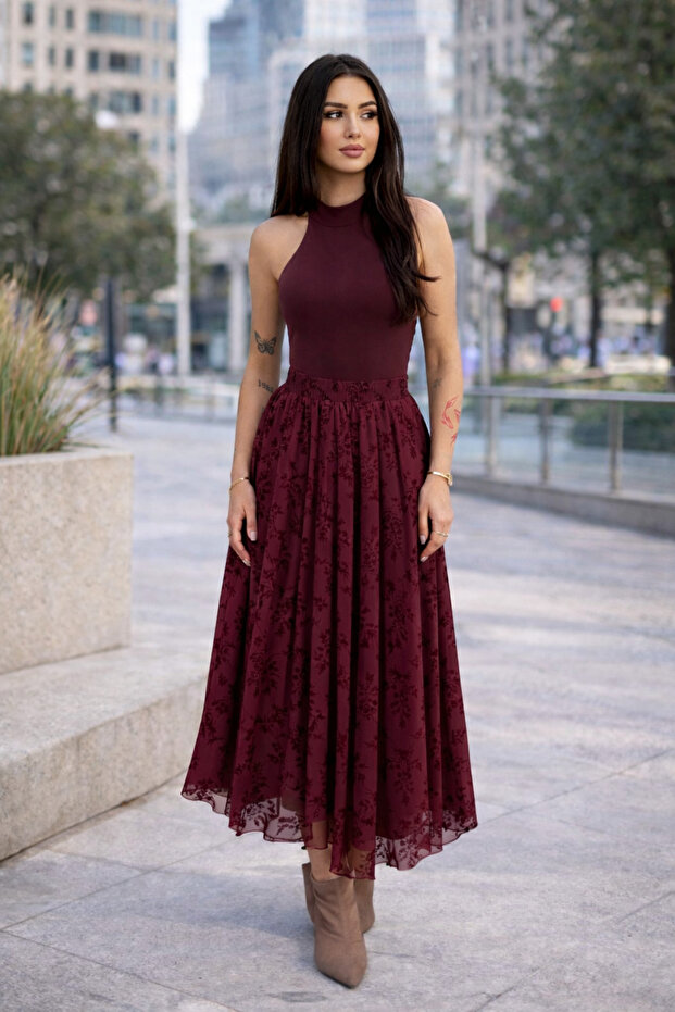 Lycra Lined Flock Printed Tulle Skirt – Elastic Waist, Suitable for Casual and Modest Wear