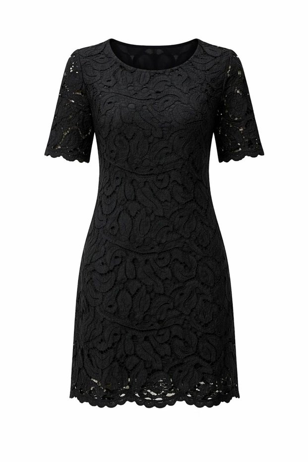 Women's Black Lace-Detail Short Sleeve Lined Elegant Dress