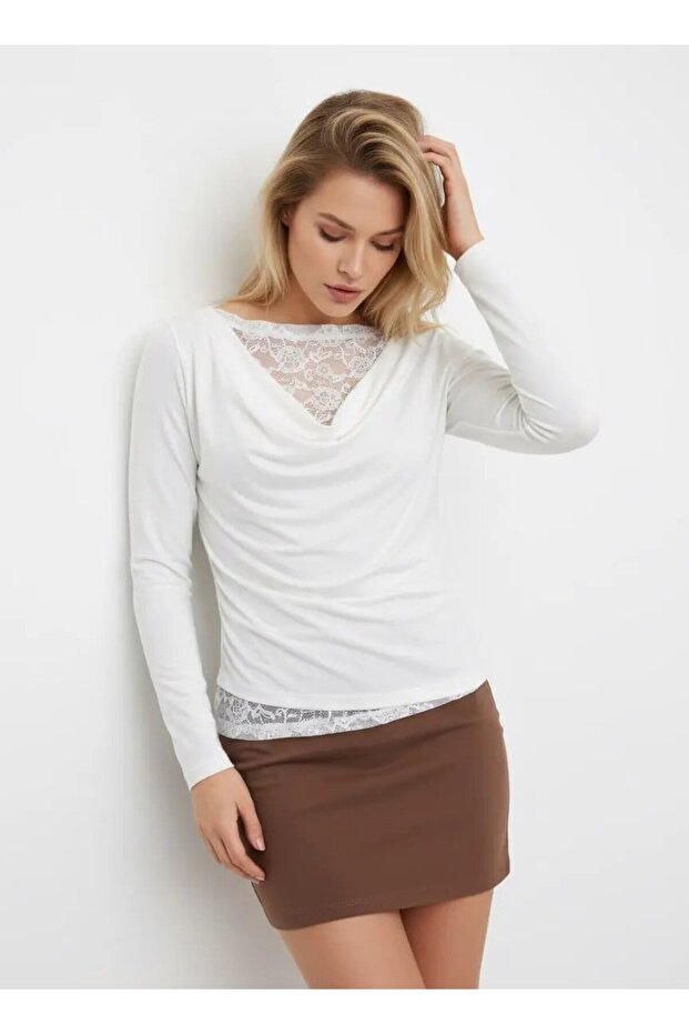 Women's Degaje Collar Lace Detail Viscose Combed Cotton Blouse 13014