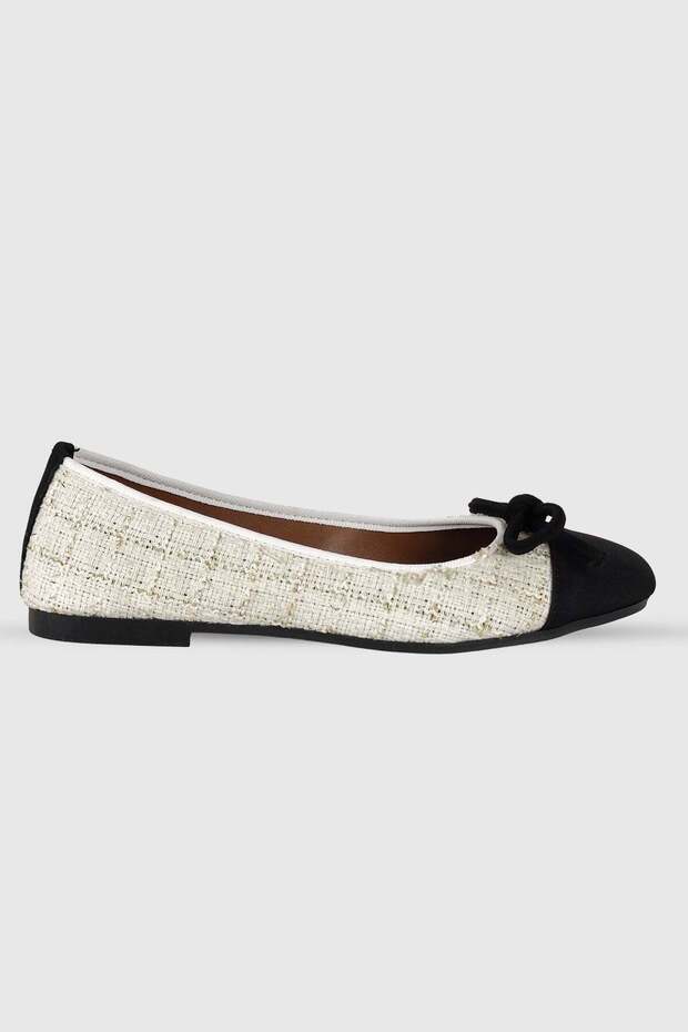 White Tweed Bow Detail Oval Toe Women's Shoes