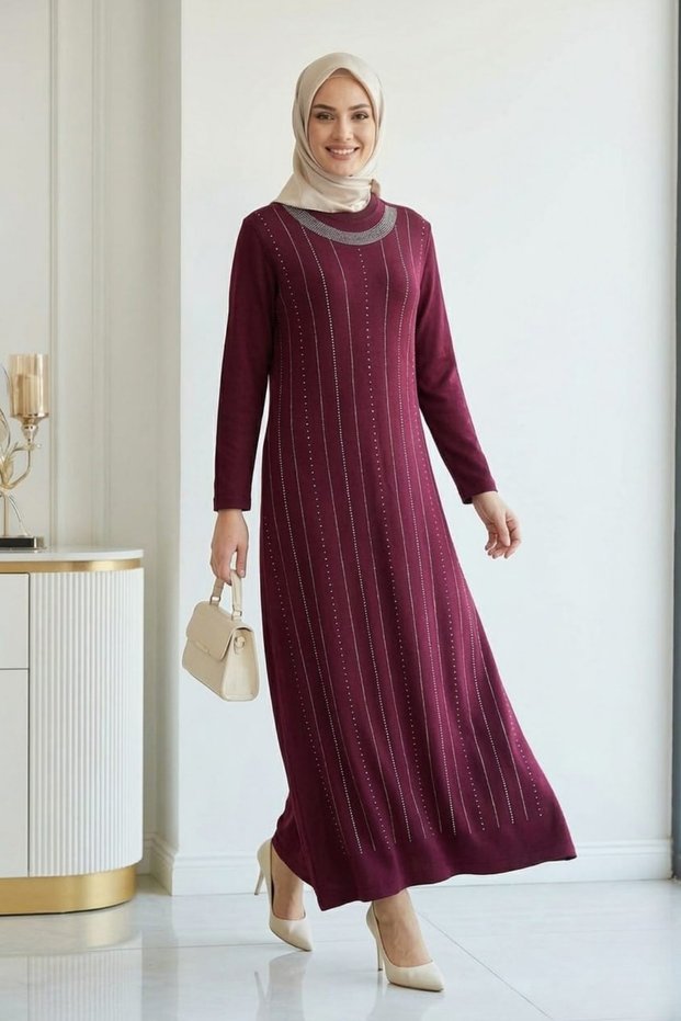 Women's Burgundy Crystal Fabric Stone Detailed Long Hijab Dress