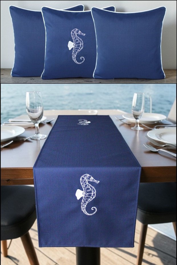 Cushion Cover 45X45 3-Piece Set + 145X40 Table Runner Marine Embroidered Sea Horse Pattern Water-Repellent Outdoor Linen
