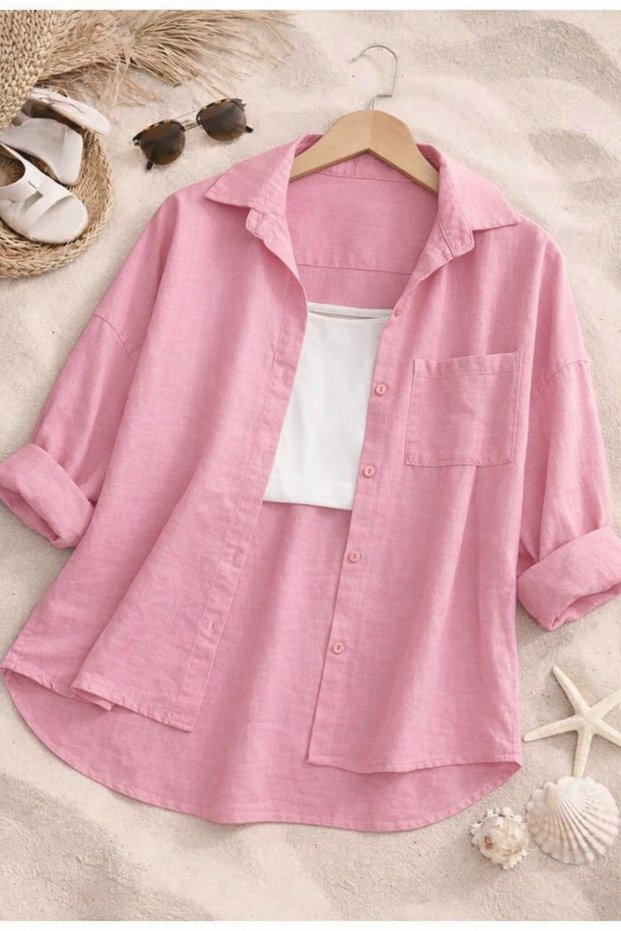 Women's Linen Pink Shirt Summer Oversized Shirt New Season