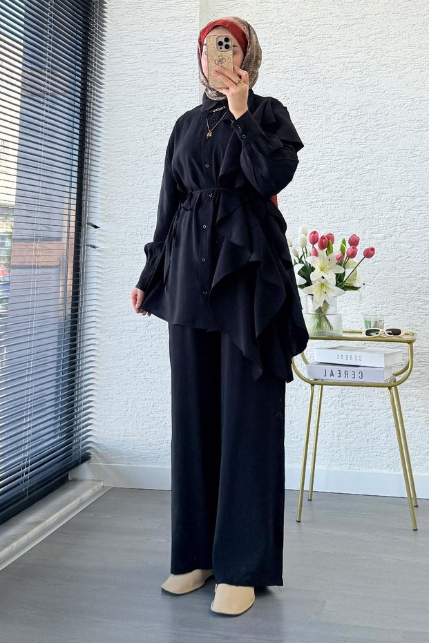 Premium Design Side Bag Ruffled Double Set - Black