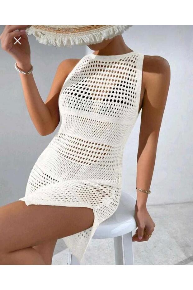 Beach Dress Lace-Like Knit Pattern Bikini Top Crew Neck Sleeveless Beach Dress