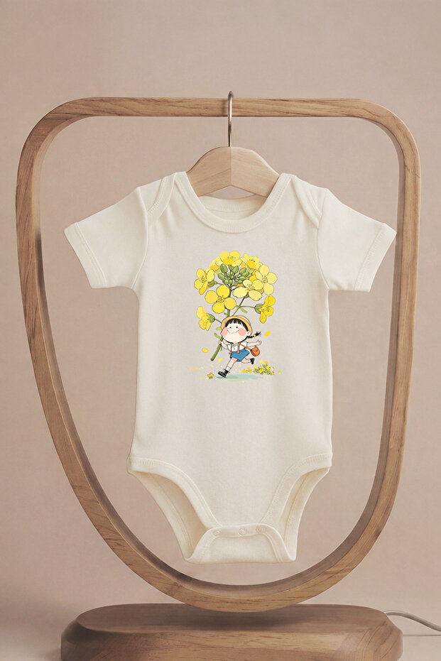 Organic 100% Cotton Pack Giant Yellow Flower Printed Short Sleeve Snap Fastener Baby Bodysuit