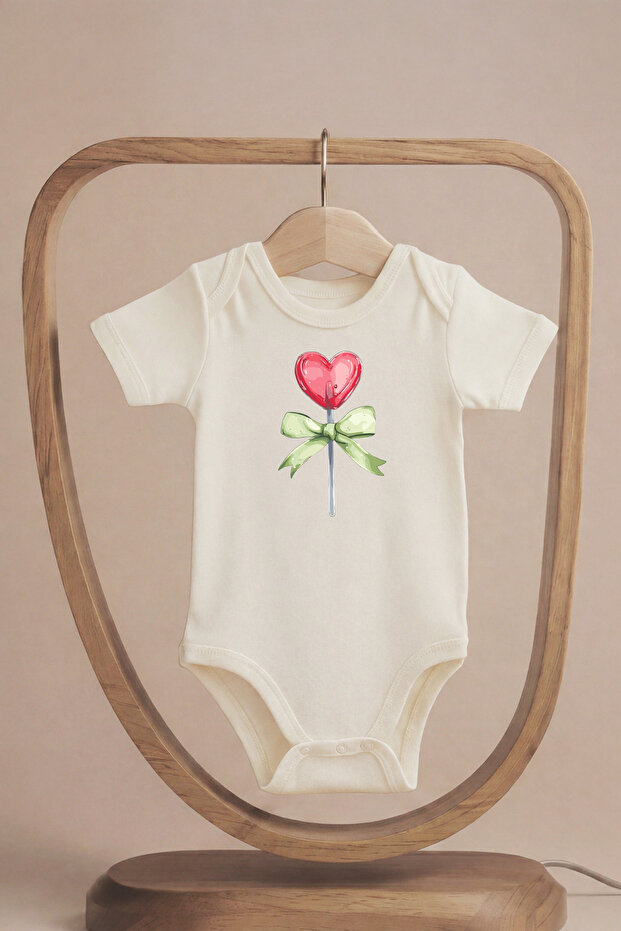 Organic 100% Cotton Pack Red Heart Lollipop Candy Printed Short Sleeve Snap Fastener Baby Bodysuit
