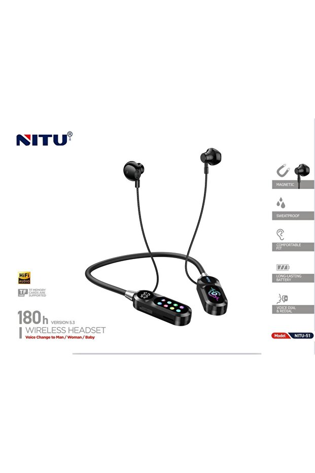 NIT Bluetooth Neckband Earphones, 48 Hours Playtime, LED Display, TF Card Support Black
