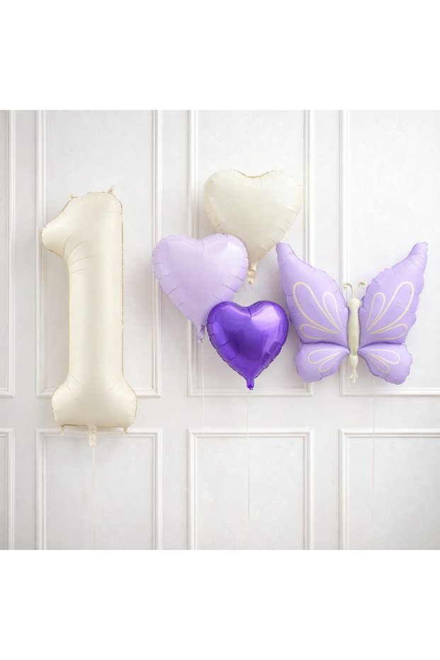 Purple Lilac Butterfly Themed 1St Birthday Balloon Set – Cream Number 1 Foil Balloon Decoration