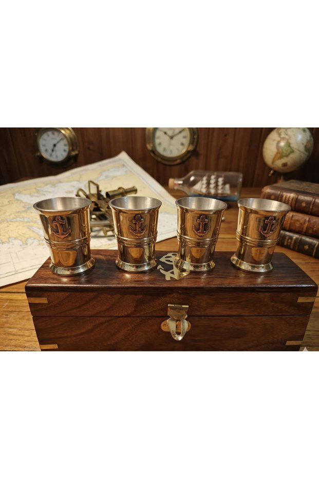 Set of 4 Brass Shot Glasses with Wooden Box