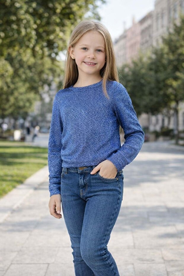 Waist Drawstring Detail Glittery Blouse - Long Sleeve - Blue - 4-5 Years