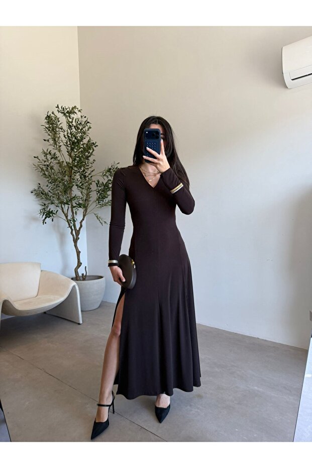 Coffee Stretch Fabric Slit Long Dress