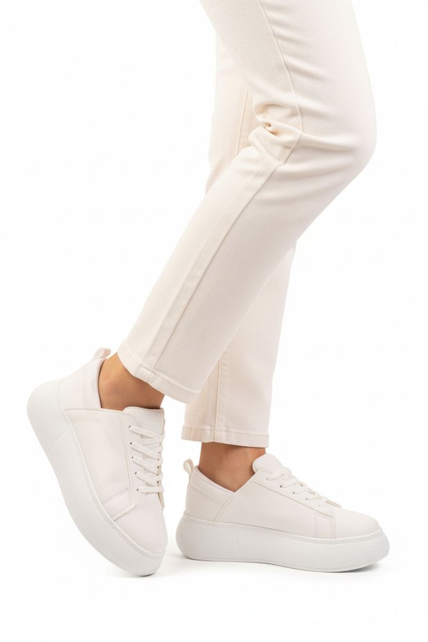 White Thick Sole Lace-Up Women's Sports Shoes