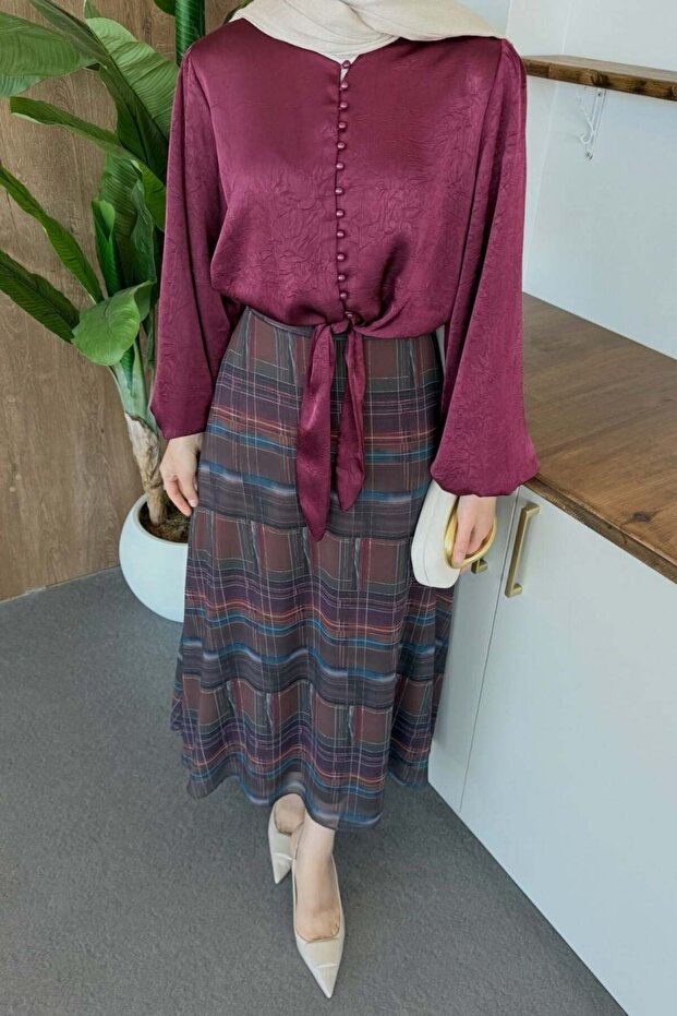 Chiffon Patterned Skirt Checked - 2