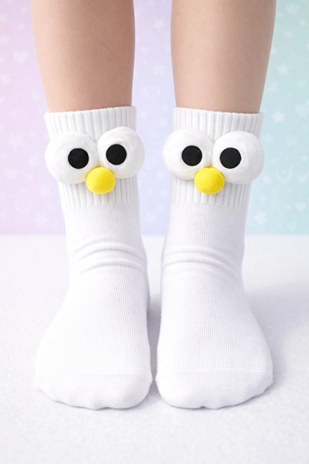 1 Pair of Children's College Socks with Pompom Eyes (Without Heels)