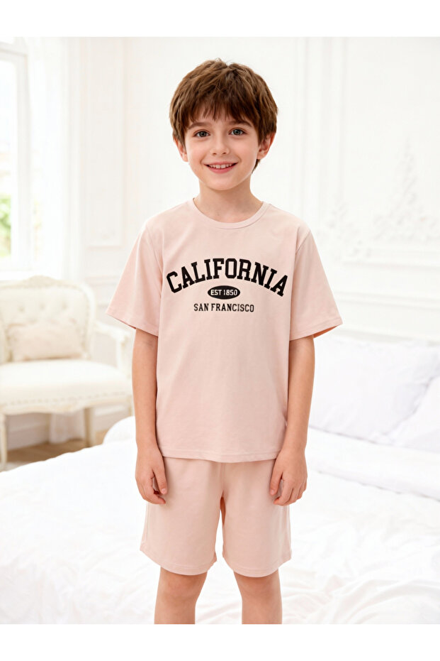 Boys Beige California Print T-Shirt and Shorts Pyjama Set