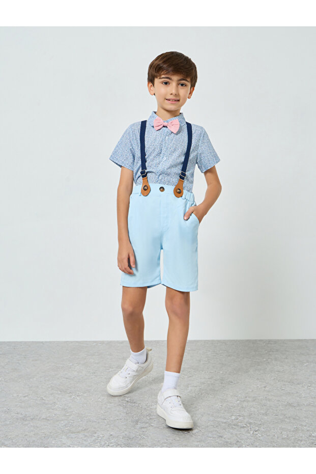 Boys Printed Shirt and Shorts Suspender Set