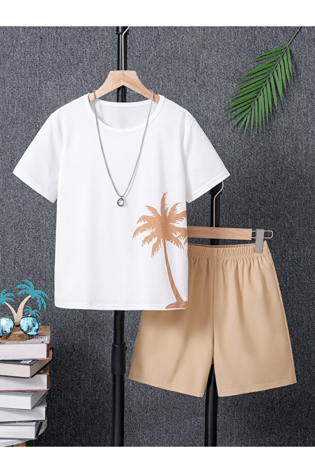 Boys Beige Palm Tree T-Shirt and Shorts Set