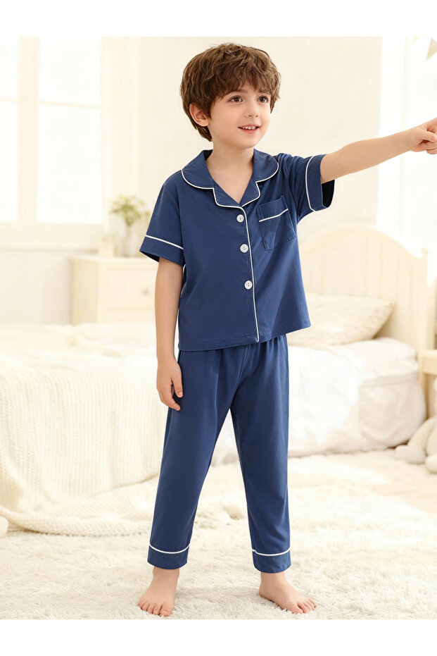 Boys Navy Blue Short Sleeve Shirt and Pyjama Set