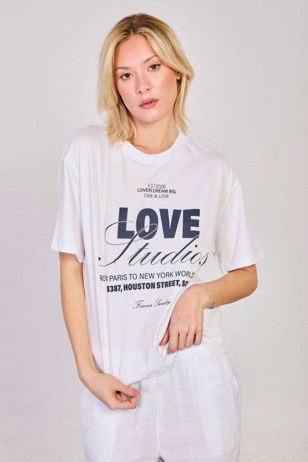 Women's Crew Neck Love Studios Written T-Shirt - White