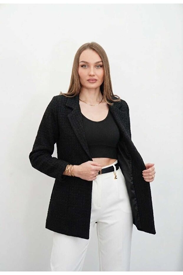 Black Single Button Lined Tweed Jacket - 3
