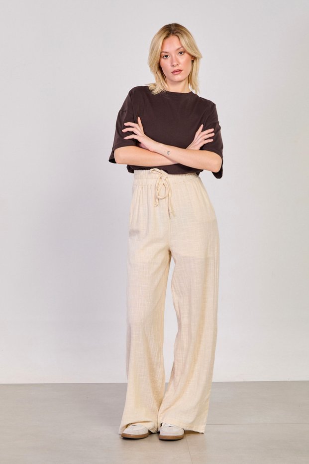Women's Waist Tie-Detail Linen Loose Pants - Natural