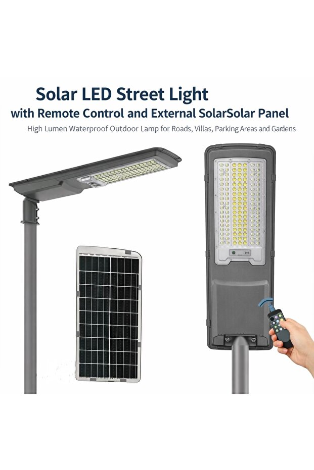 مصباح شارع يعمل بالطاقة الشمسية بقدرة 200 واط، مزود بمصباح LED خارجي مقاوم للماء عالي الإضاءة يعمل بالطاقة الشمسية وجهاز تحكم عن بعد
