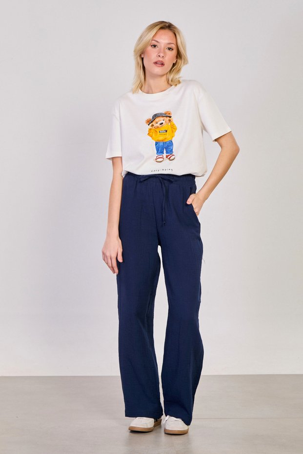 Women's Beli Tie-Detail Loose Trousers with Cotton Pockets - Navy Blue