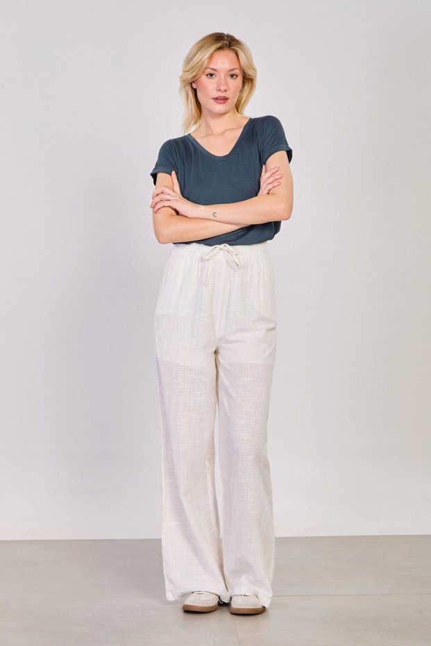 Women's Waist Tie-Detail Linen Loose Pants - White