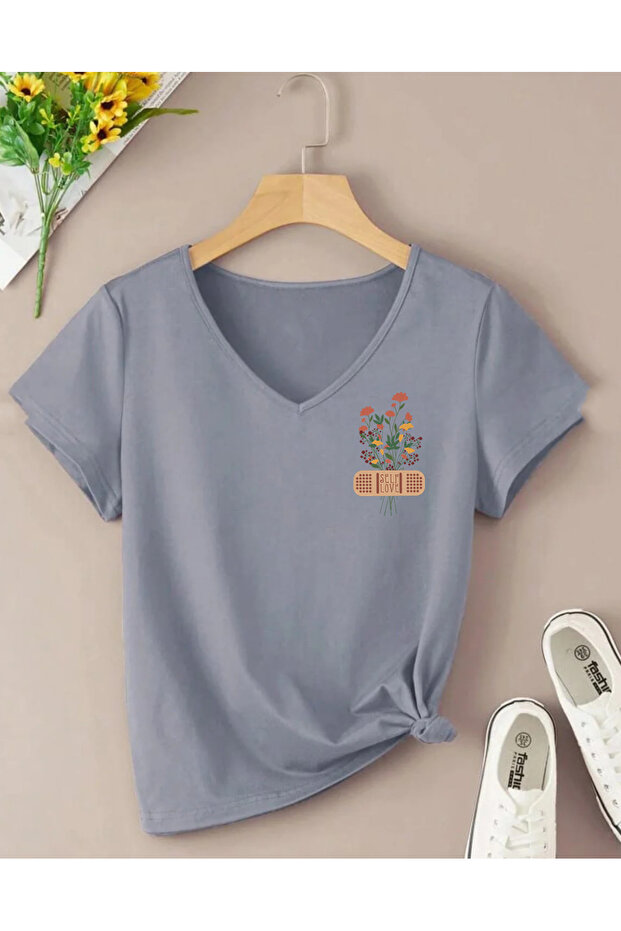 Self Love Flower B Printed Women's V-Neck P Cotton U Short Sleeve Combed Cotton Tshirt