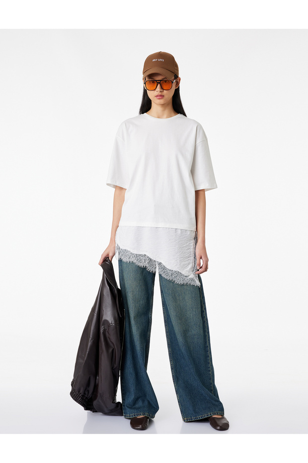Regular Fit Short Sleeve Crew Neck Asymmetrical Lace Detailed T-Shirt