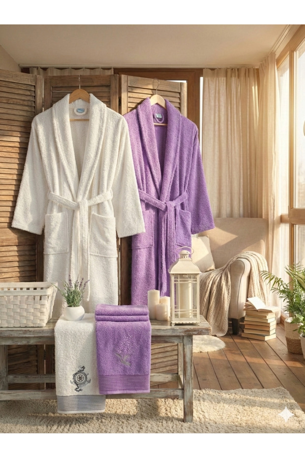 Zena Unisex Cream Lavender Towel Bathrobe Set of 4