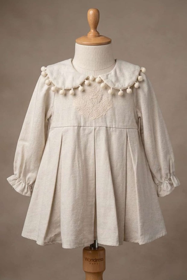 Wondress Beige Dress with Fur Collar and Pompom Embroidered Chest (9-24 Months)