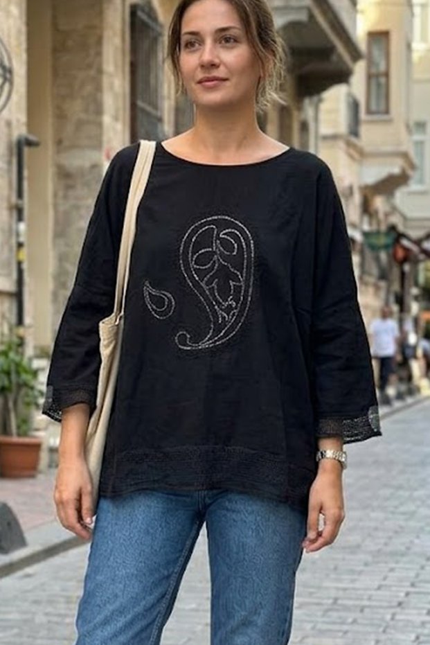 Women's Black Sequin Embroidered Hem/Arms with Mesh Detail Oversized Casual 100% Cotton Linen Blouse