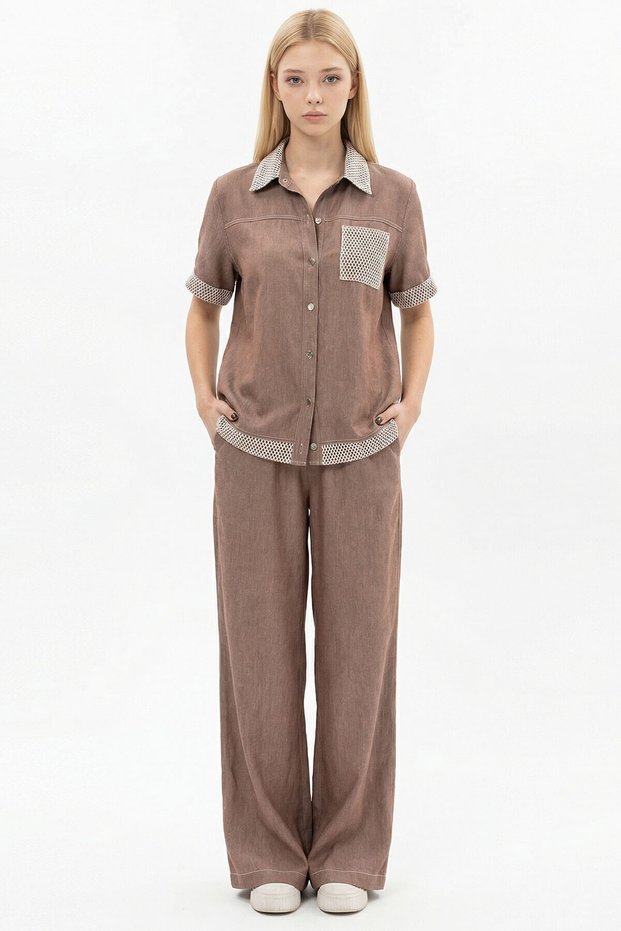 Women's Brown Mesh Detailed Tencel Denim Fabric Shirt and Pants Top and Bottom Set
