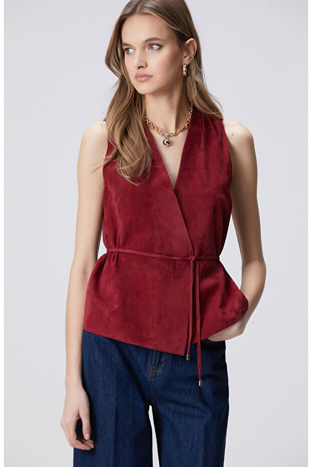 Vişne Deri Süet Yelek - 4