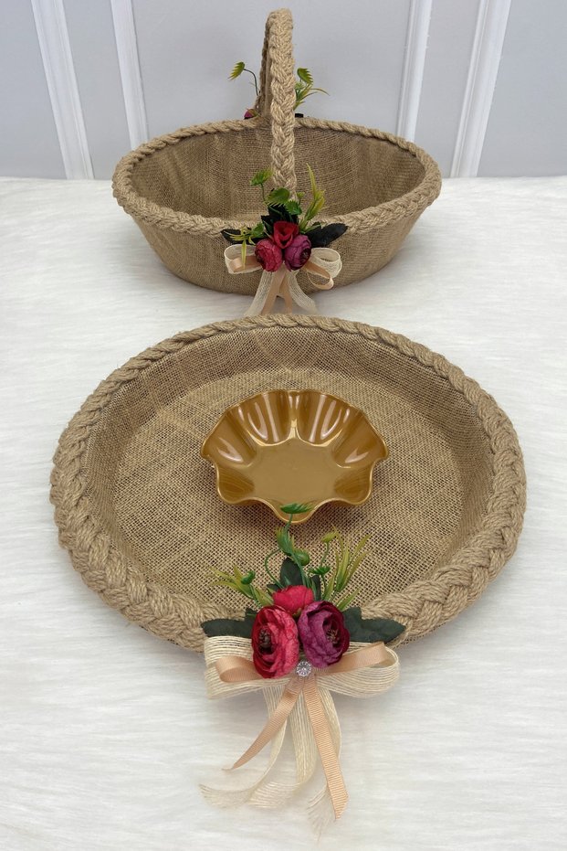Promise Engagement Wedding Henna Bridal Basket and Tray, Wedding Circumcision Gift Decorative Peony Wicker Jute