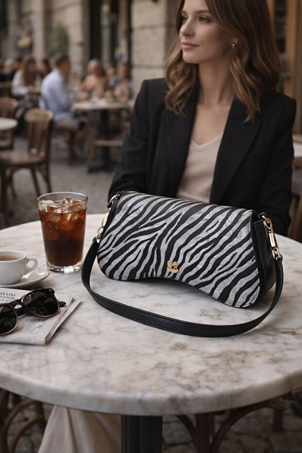 Gold Buckled Zebra Patterned Women's Shoulder Bag Baguette Model
