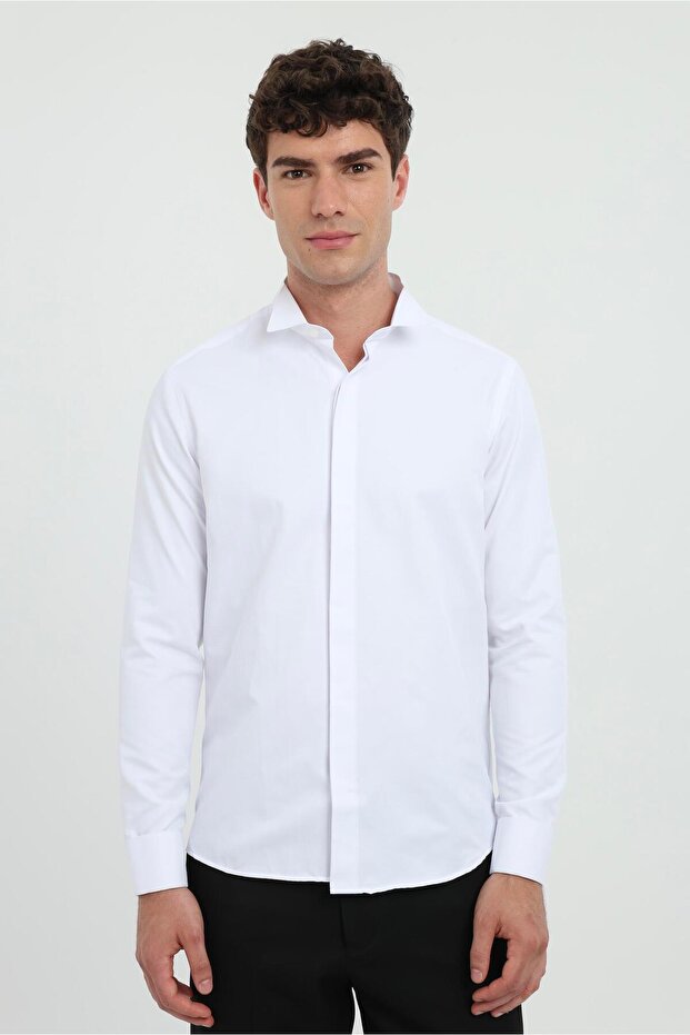 Men's Slim Fit Ata Collar White Shirt