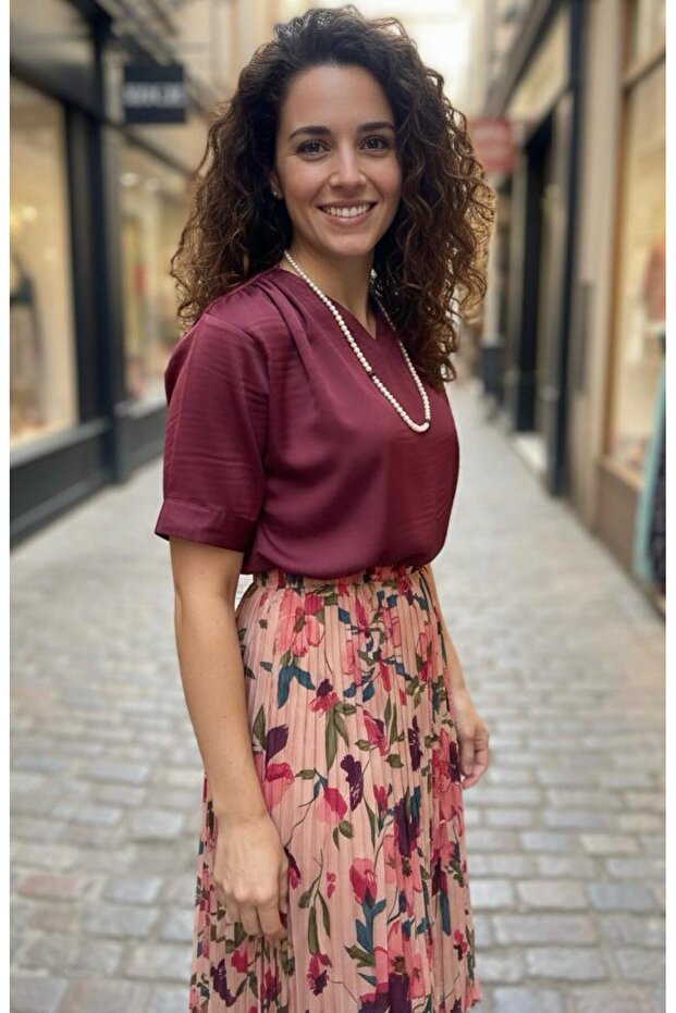 Maroon satin short sleeve blouse