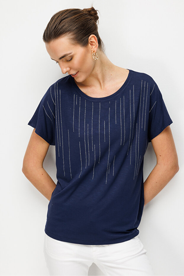 Women's Crew Neck Waterway Stone Low Sleeve Combed Cotton T-Shirt 26833 Navy Blue