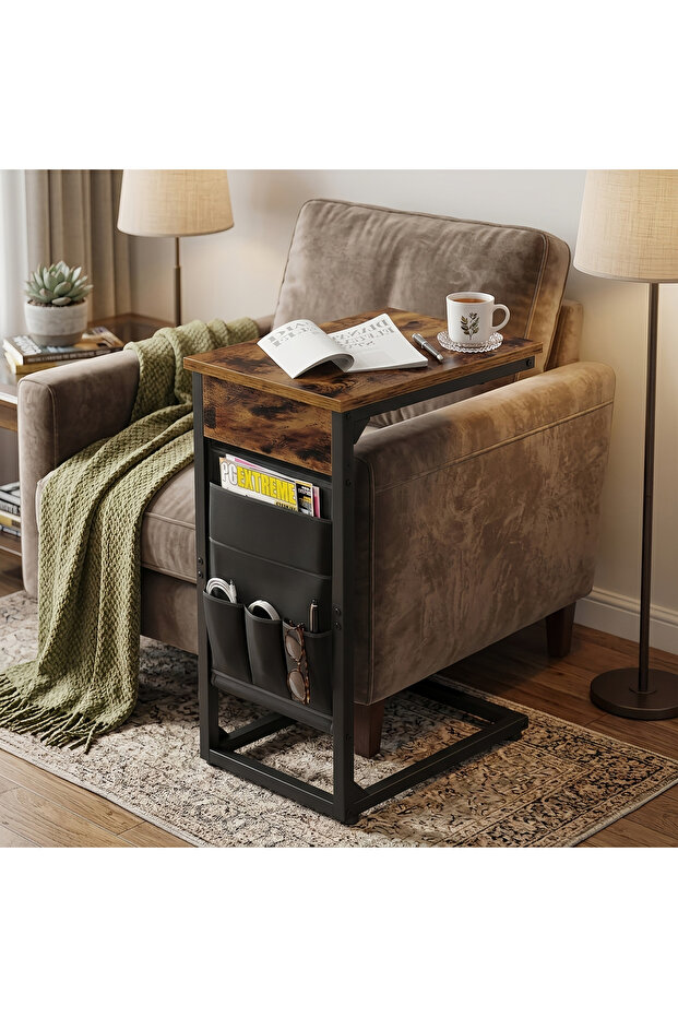 Rustic C-Shaped End Table with Side Storage Pocket - 2