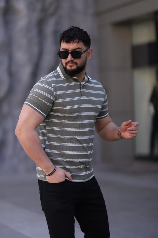 Men's Polo Neck Striped Knitwear T-shirt