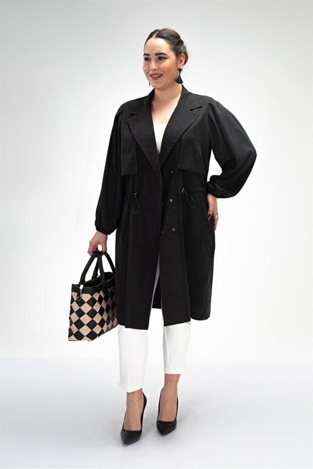 Women's Plus Size 121774 Jacket Collar Trench Coat Black