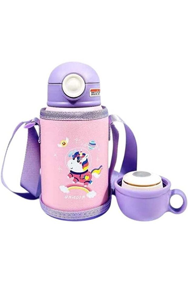 2 in 1 Kids Straw Water Bottle Stainless Steel with Button Dinosaur 550ml for School Nursery Ins