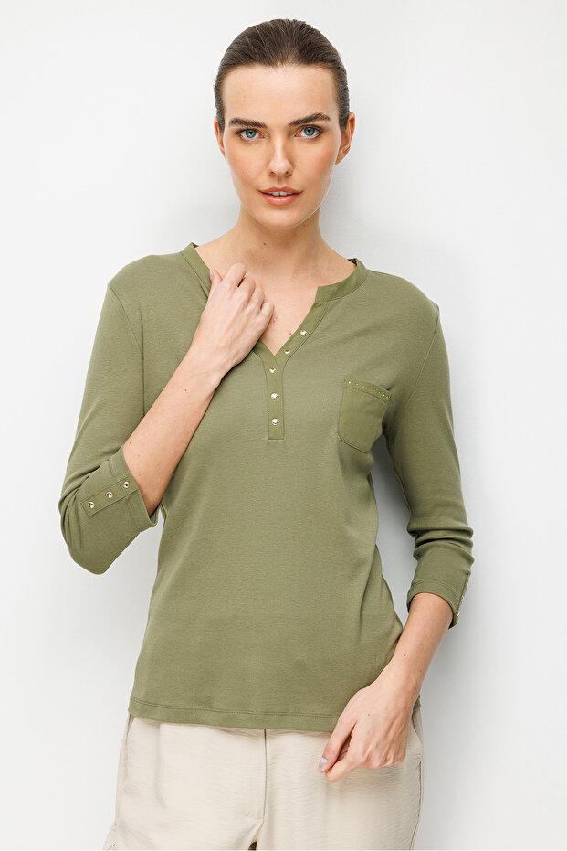Women's Open Collar, Metal Buttoned Sleeves, Cotton Piece Combed Cotton Blouse 26805 Khaki