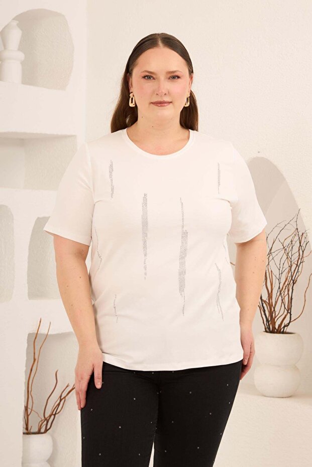 Vertical Stone Print Women's Plus Size T-Shirt Ecru