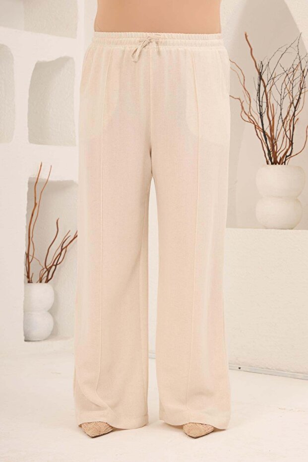 Elastic Waist Wide-Leg Plus Size Women's Linen Pants Beige