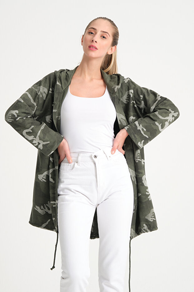 Women's Khaki Italian Sequined Back Jacket K Hooded O Oversized