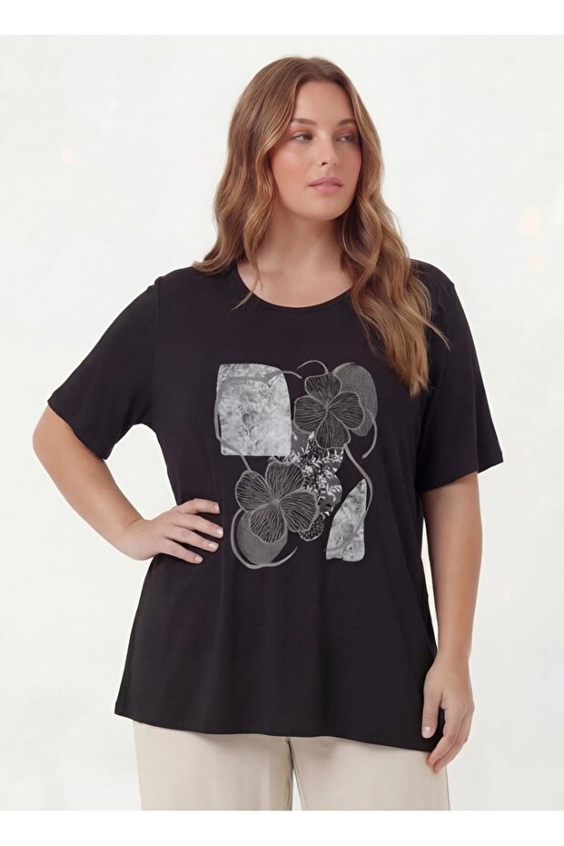 Flower Printed Women's Large Size T-Shirt Black
